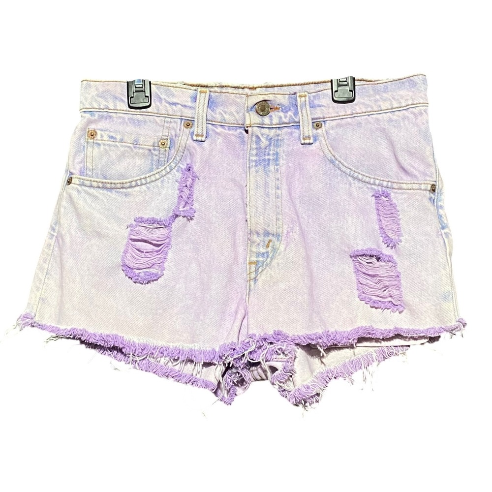 Levis 550 Womens Purple Acid Wash Distressed Denim Shorts High Rise Size 31